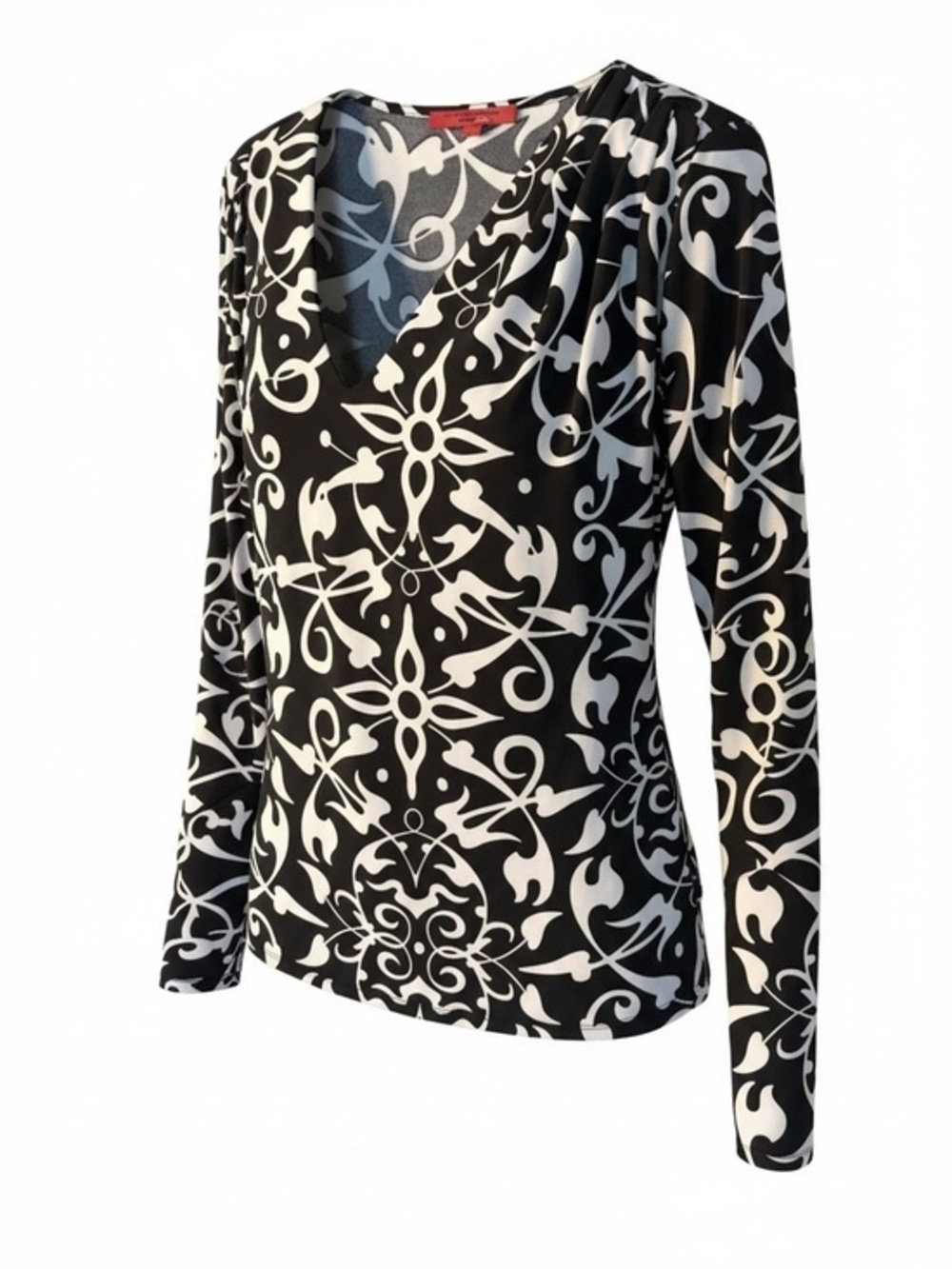 Narciso Rodriguez Black and White V-Neck Long Sleeve Print Top